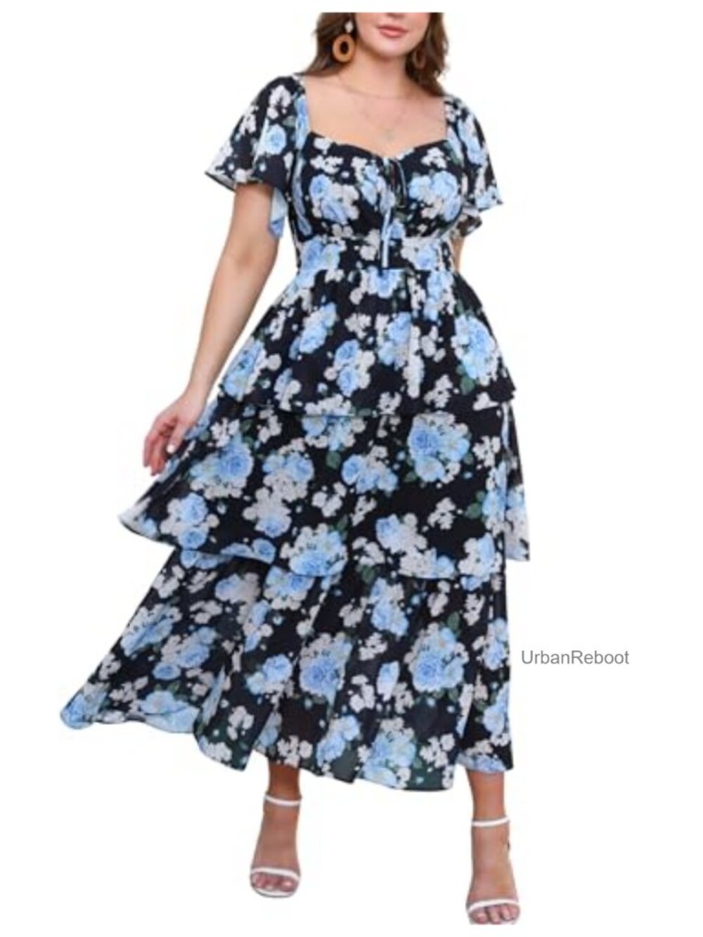 Plus Size Floral Maxi Dress Wedding Guest A-Line Flutter Sleeve Polyester